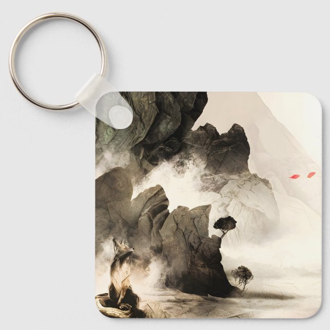 Vår Mystisk Räv Dimmig Berg Minimalistisk Zen Nyckelring (Framsida)
