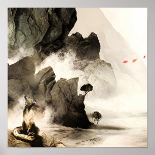 Vår Mystisk Räv Dimmig Berg Minimalistisk Zen Poster