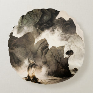 Vår Mystisk Räv Dimmig Berg Minimalistisk Zen Rund Kudde