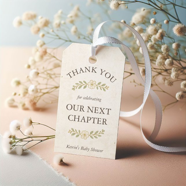 Vår nästa kapitel Storybook Baby Shower-Tack Presentetikett (Our next chapter Gift tag Storybook Baby Shower, A new chapter begins Book, Fairytale, Whimsical)