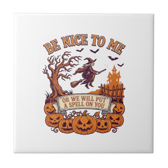 Var Nice Me Halloween Häxa Kvast Pumpa_1 Kakelplatta (Framsidan)