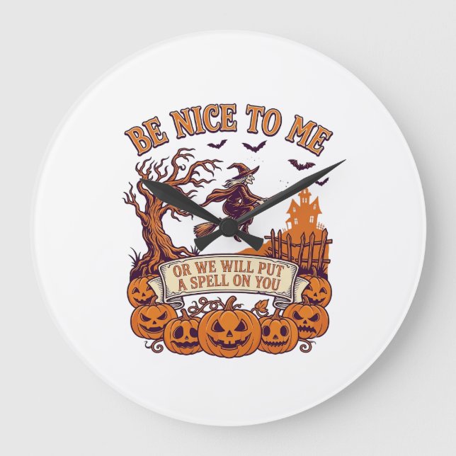 Var Nice Me Halloween Häxa Kvast Pumpa_1 Stor Klocka (Framsida)