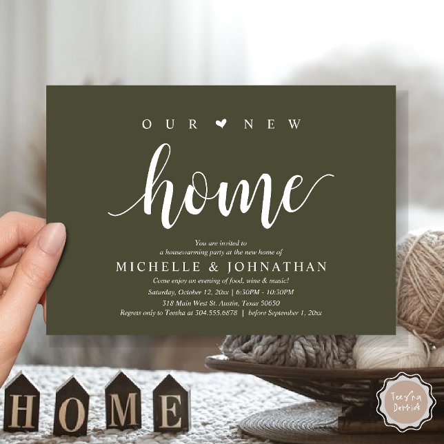 Vår nya hem, Inflyttningsfest inbjudan kort (Our new home, Housewarming party invitation card, first house invites, in olive green)