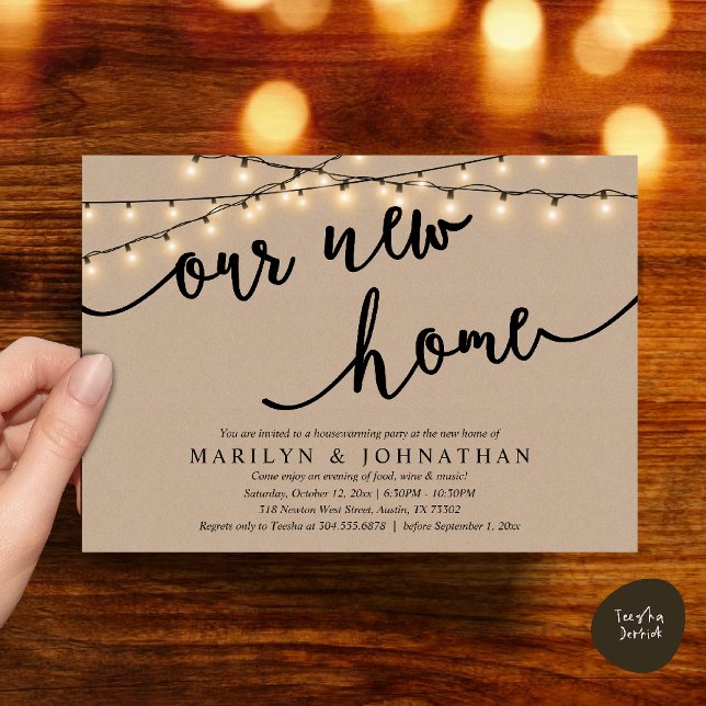 Vår nya hem, Rustik inflyttningsfest Inbjudningar (Our new home, Rustic Housewarming party Invitation Card PDF Cottage String Light brown Kraft)