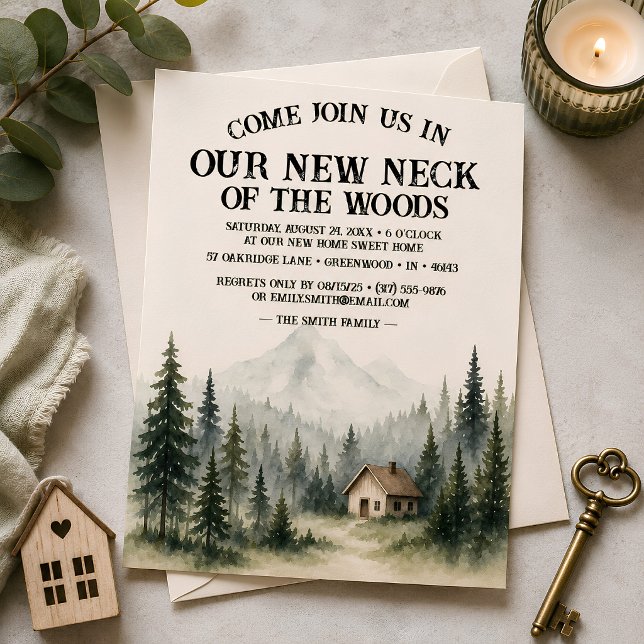 Vår Nya Hemvist | Inflyttningsfest Inbjudningar (🏠 New Home, New Adventures – Watercolor Forest Housewarming Invitation with Cozy Cabin Artwork)