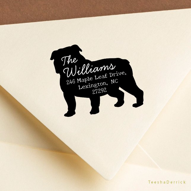 Vår nya Returadress Bull Dog Stämpel (Bull Dog silhouette, Our New House Address Announcement Modern Rustic Round Rubber Stamp)
