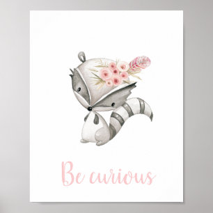 Var Nyfiken Cute Baby Raccoon Woodland Boho Nurser Poster