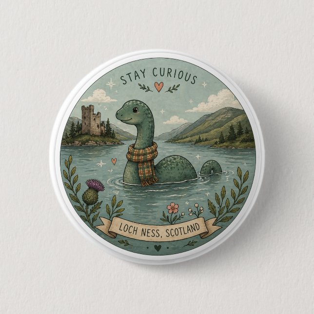 Var Nyfiken Mysig Kryptid Nessie Loch Ness Monster Knapp (Framsida)