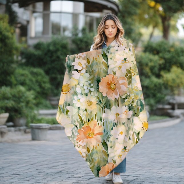 Vår  och persikofärgade Blommigten Botaniska Fleecefilt (MINT GREEN WATERCOLOR FLORAL BLANKET)