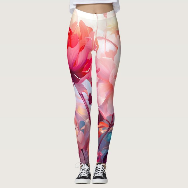 Vår Päon Blomster Trädgård Vattenfärg Leggings (Framsida)