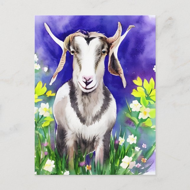 Vår Påsk Goat Blommigt Vatercolor Postcard Vykort (Framsida)