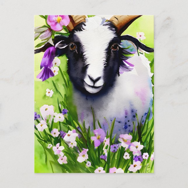 Vår Påsk Goat Kid Blommigt Watercolor Postcard Vykort (Framsida)