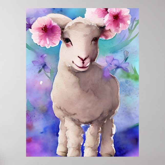 Vår Påsk Lamb Blommigt Vattenfärg Poster (Framsidan)