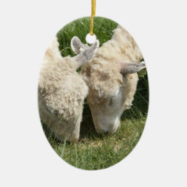 Vår/påsk: Två lambs samma gräs, ett vid staket Julgransprydnad Keramik