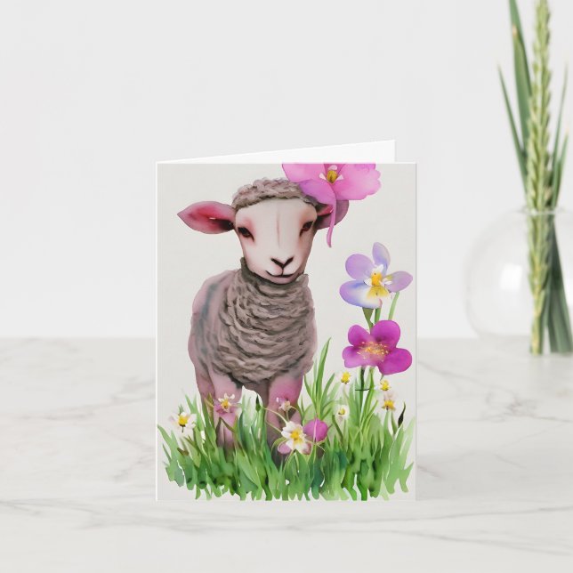 Vår påsklamm och blommor Vattenfärgkort Kort (Framsida)