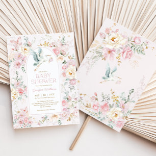 Vår Pastel Rosa Stork WildblomBaby Shower Inbjudningar