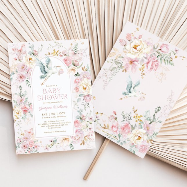 Vår Pastel Rosa Stork WildblomBaby Shower Inbjudningar (Skapare uppladdad)