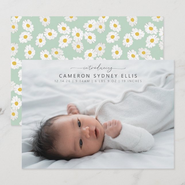 Vår Pastel Sage Grönt Daisy Baby Photo Birth Meddelande (Fram/baksida)