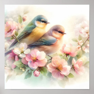 Vår Pastell Söta Kärleksfåglar Blommor Blomster Poster