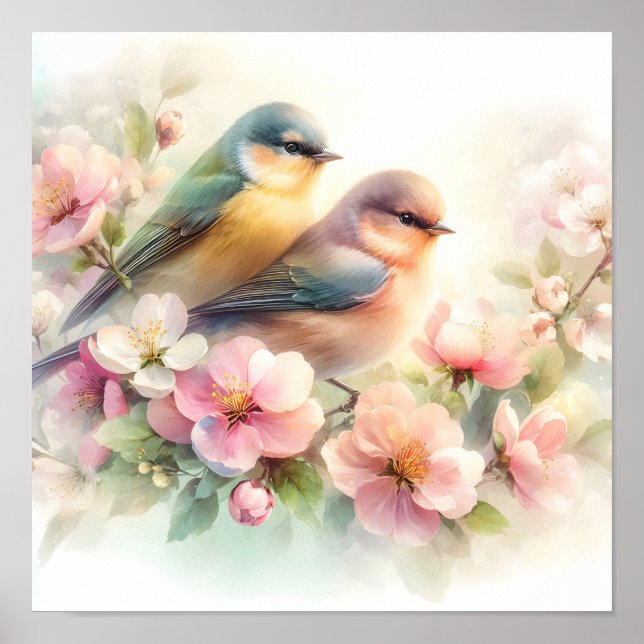 Vår Pastell Söta Kärleksfåglar Blommor Blomster Poster (Framsidan)