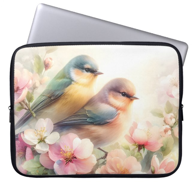 Vår Pastell Söta Kärleksfåglar Blommor Blossar Laptop Fodral (Framsidan)