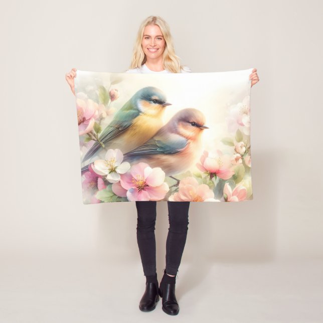 Vår Pastell Söta Kärleksfåglar Blommor Fleecefilt (På plats)