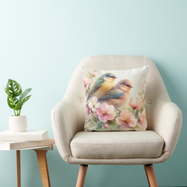 Vår Pastell Söta Kärleksfåglar Blommor Kudde (Stol)