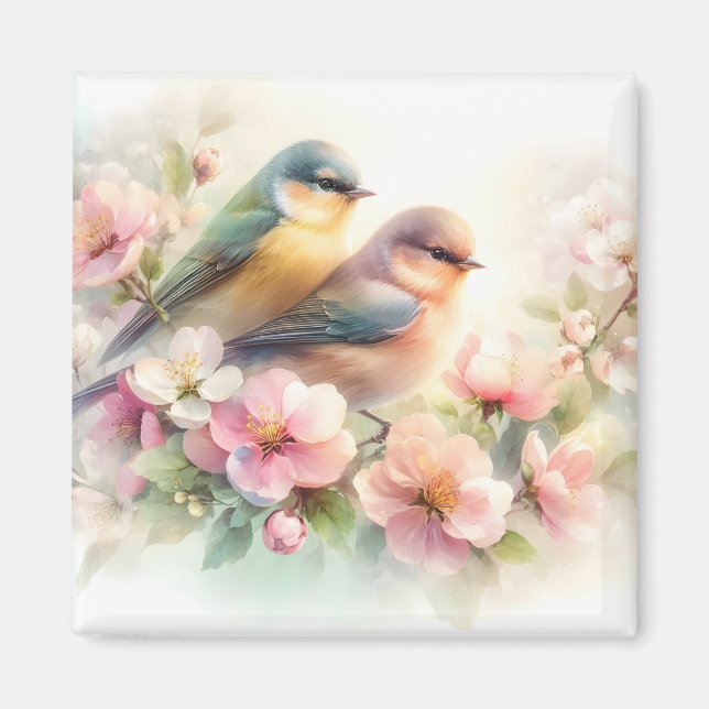 Vår Pastell Söta Kärleksfåglar Blommor Magnet (Framsidan)