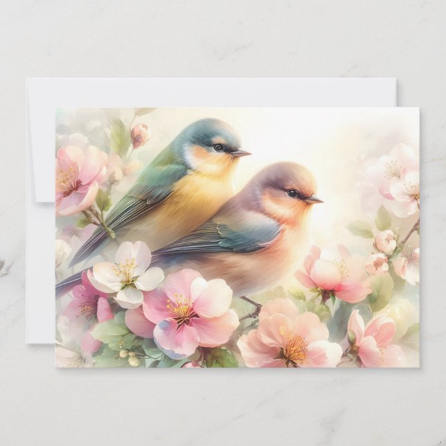 Vår Pastell Söta Kärleksfåglar Blommor Meddelande (Framsida)