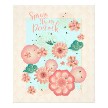 Vår Peach Garden Flies Peacock Blommigt Ornament