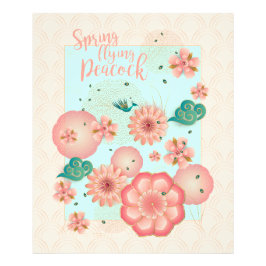 Vår Peach Garden Flies Peacock Blommigt Ornament Fototryck