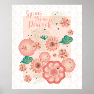 Vår Peach Garden Flies Peacock Blommigt Ornament Poster