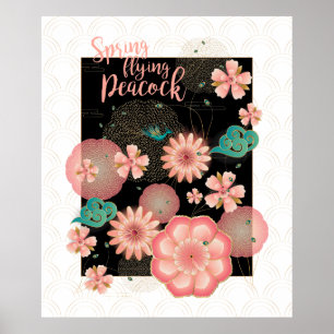 Vår Peach Garden Flies Peacock Blommigt Ornament Poster
