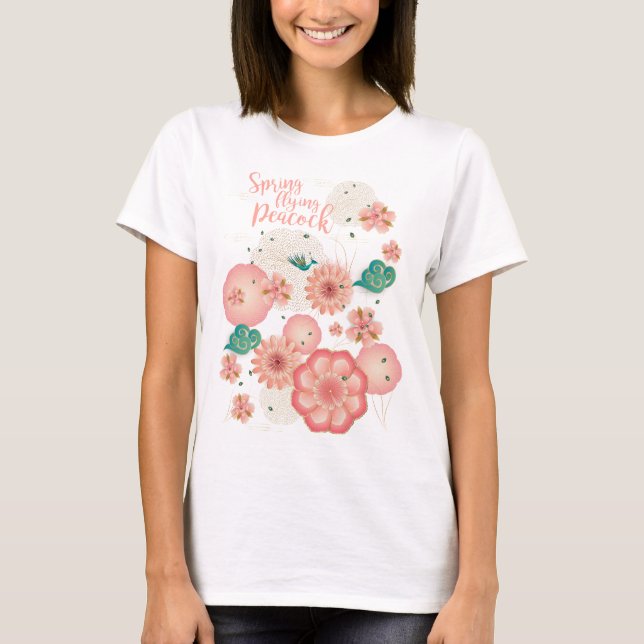 Vår Peach Garden Flies Peacock Blommigt Ornament T Shirt (Framsida)