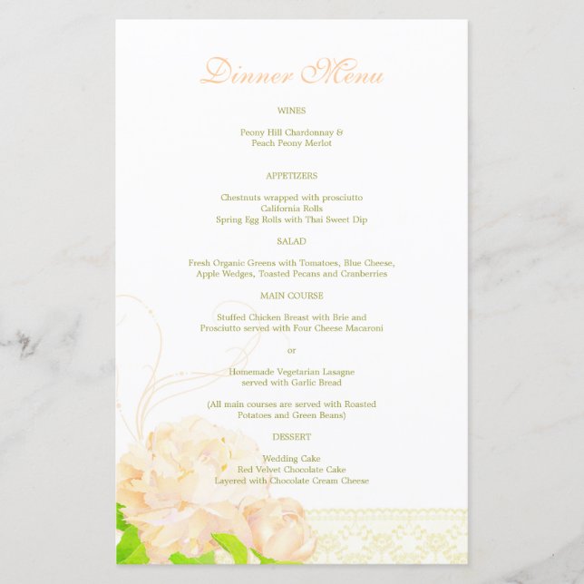 Vår Peach Peony Bröllop Dinner Menu (Framsida)