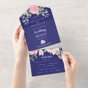 Vår Peony Navy Bröllop alla på en inbjudan