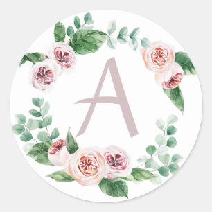 Vår peonykrans med anpassningsbar bokstav runt klistermärke
