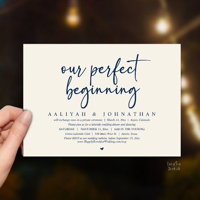 Vår perfekta början, bröllopsfirande inbjudningar (Our Perfect Beginning, Wedding Elopement Party Invitation card in navy blue and ivory)