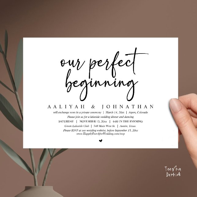 Vår perfekta början, bröllopsfirande med elopement inbjudningar (Our Perfect Beginning, Wedding Elopement Party Invitation Card in Black and white)