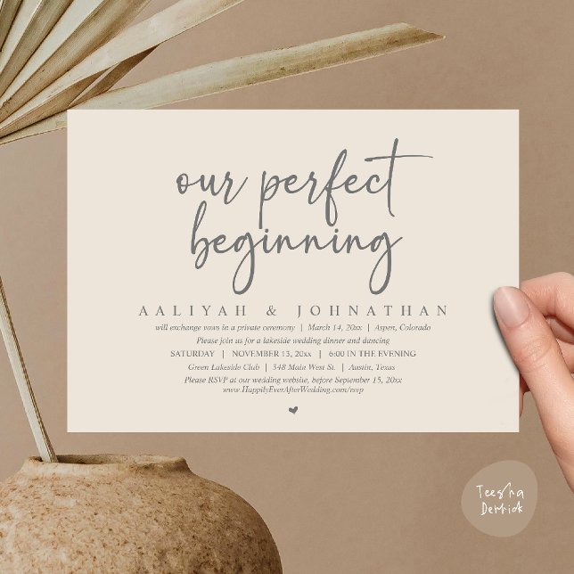 Vår perfekta början, bröllopsfirande med elopement inbjudningar (Our Perfect Beginning, Wedding Elopement Party Invitation Card in Cream Grey)