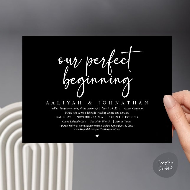 Vår perfekta början, bröllopsfirande med elopement inbjudningar (Our Perfect Beginning, Wedding Elopement Party Invitation card in black and white)