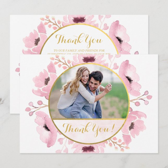 Vår Pinks Watercolor Blommigt Bröllop Tack Inbjudningar (Fram/baksida)