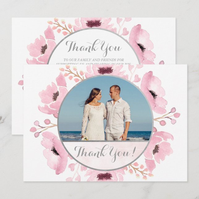 Vår Pinks Watercolor Blommigt Bröllop Tack Inbjudningar (Fram/baksida)