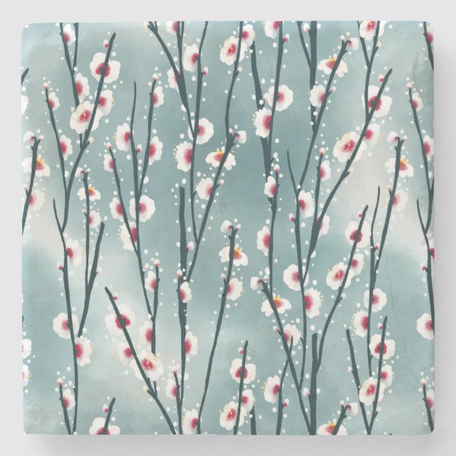 Vår Plum Blommar Blommönster Stenunderlägg (Framsidan)