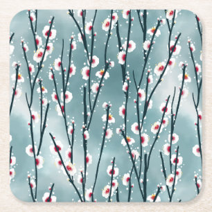 Vår Plum Blommar Blommönster Underlägg Papper Kvadrat