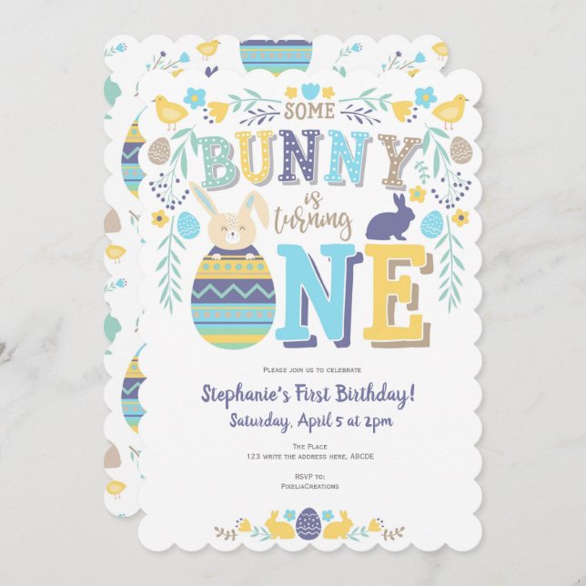 Vår, pojke 1:a födelsedag, Påsk, Bunny Inbjudningar (Fram/baksida)