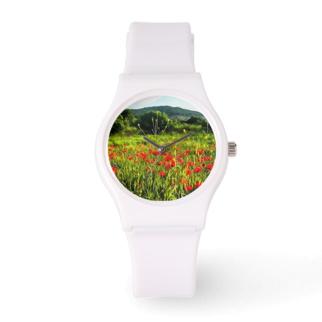 Vår Poppies Meadow and Mountain Landscape Armbandsur (Framsida)