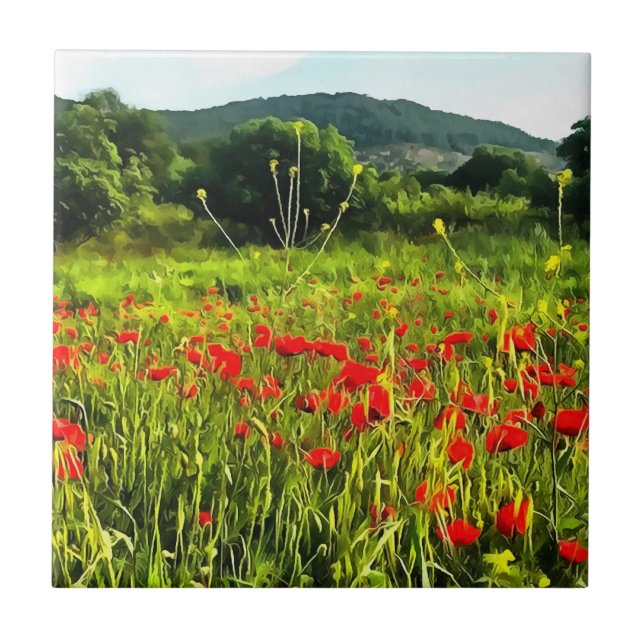Vår Poppies Meadow and Mountain Landscape Kakelplatta (Framsidan)