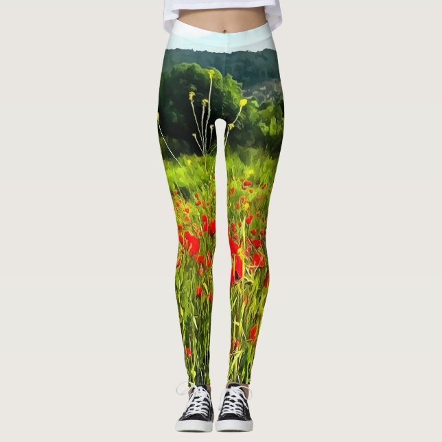 Vår Poppies Meadow and Mountain Landscape Leggings (Framsida)