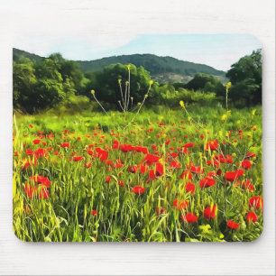 Vår Poppies Meadow and Mountain Landscape Musmatta